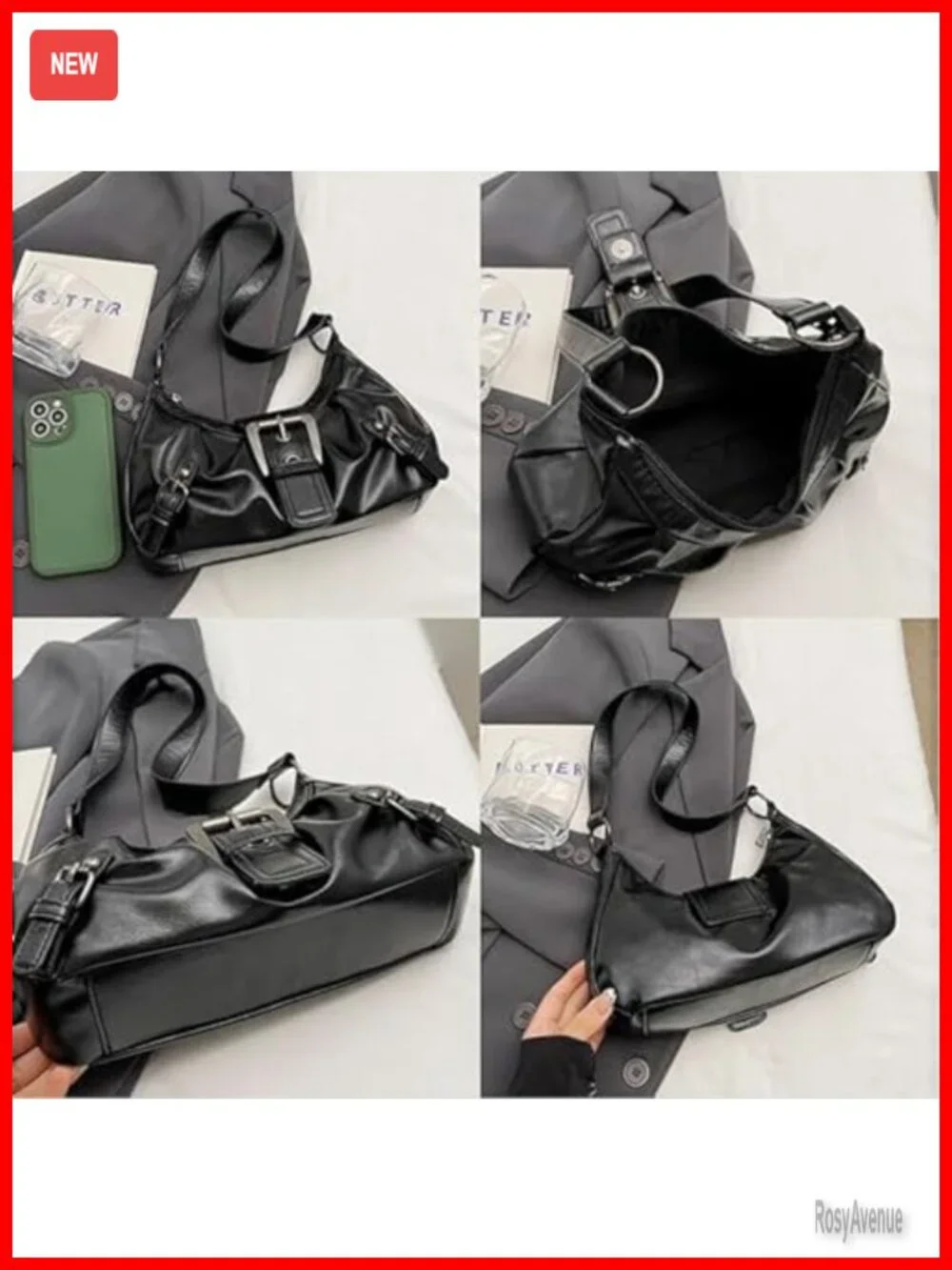 Faux Leather Y2K Hobo Bag with Metal Buckle Detachable Strap